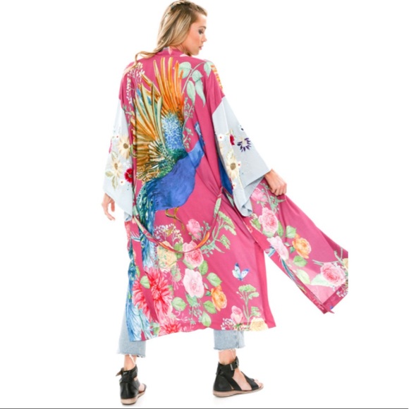 The Marie Antoinette Boho Double Layer Luxury Kimono Duster In Bird Floral Print - Picture 2 of 13